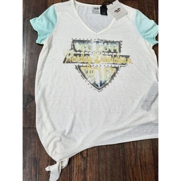 Harley-Davidson Women's Aquamarine Cream Two Tone Tie Up Size L T-Shirt. READ! - Picture 3 of 12